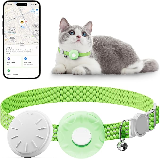 Cat GPS Tracker for Cats, Waterproof Pet GPS Tracker with Safety Elastic Buckle, Compatible with Apple Find My App (Only iOS), No Monthly Fee, Light Green