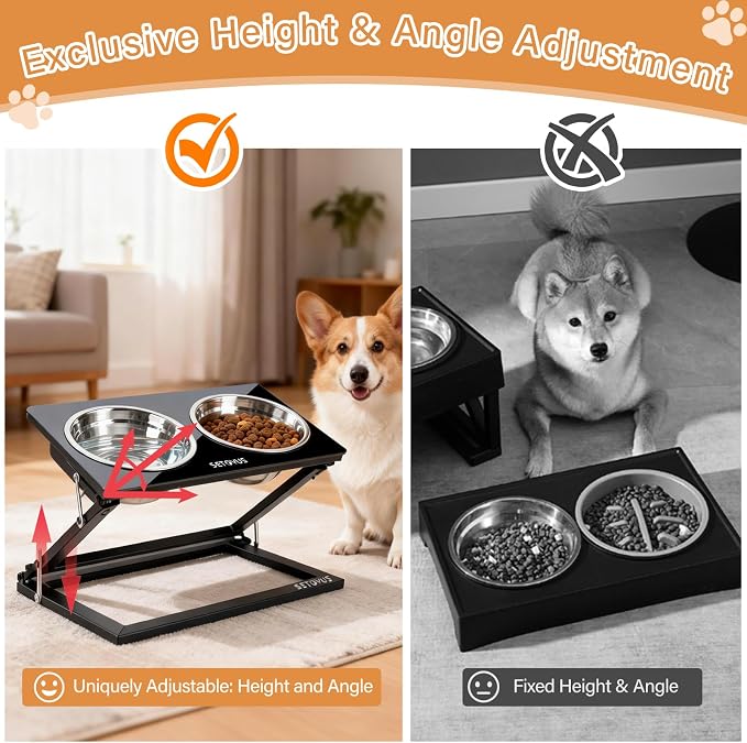 Elevated Dog Bowls for Large Medium Dogs, 3 Heights Adjustable Raised Dog Bowl Stand with 2 Stainless Steel Food Bowls 20°Tilted Elevated Easy to Clean Water Bowl (Black, Large)
