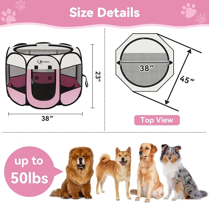Siedihit Pink Puppy Playpen for Large Dog Cat, Dog Tent Crates Cage Indoor/Outdoor, Portable Pop Up Dog Kennel with Carrying Bag for Rabbits, (Pink, Large)