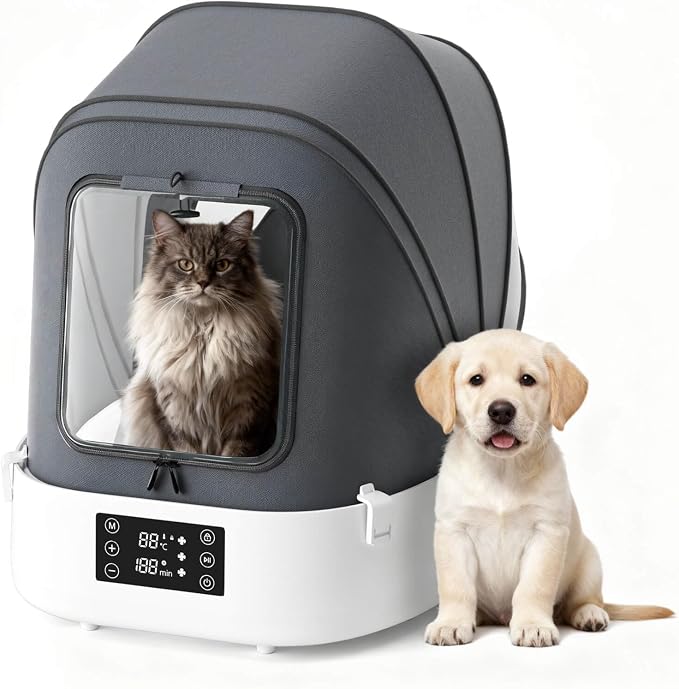 Updated Automatic Pet Dryer Box with 86CFM Dual Fans, 60L Foldable Design, 360° Quiet Airflow, Temperature/Time Control – Grooming Hair Blower for Dogs, Cats & Puppies