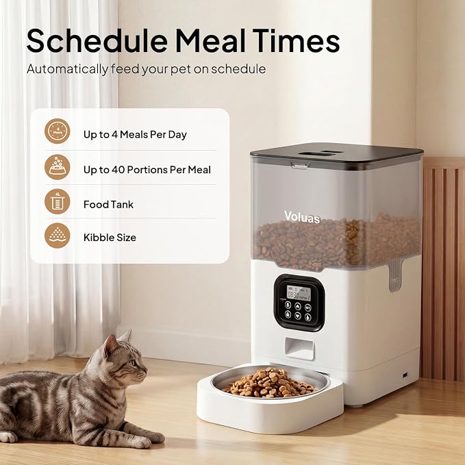 VOLUAS Automatic Cat Feeders - Pet Food Dispenser for Dry Food, Timed Cat Feeder with Desiccant Bag, Programmable Portion Size Control 4 Meals Per Day, 10s Voice Recorder