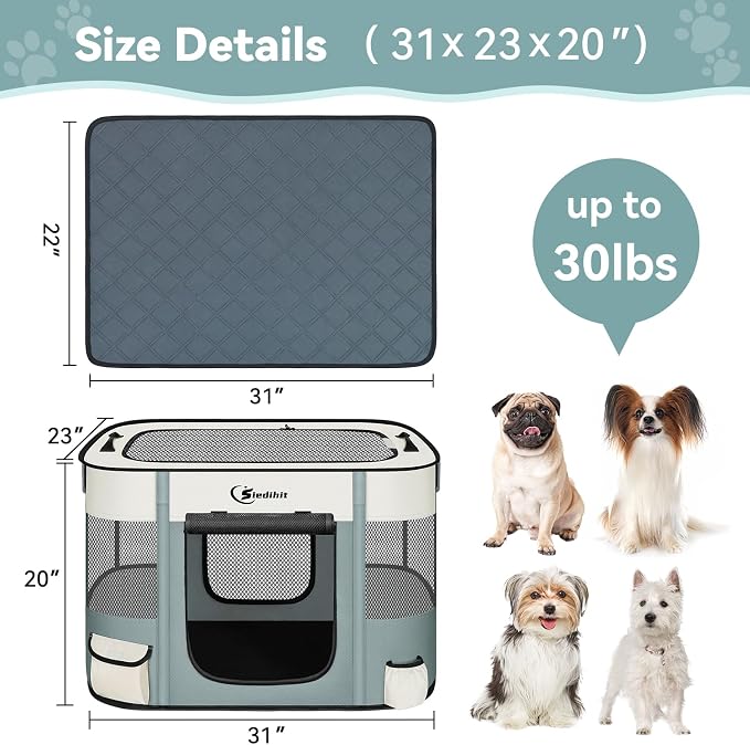 Dog & Cat Playpen with Carrying Case, Medium, Grey with Pad