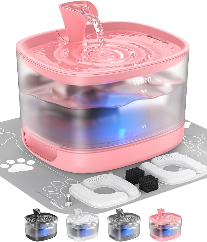 Veken Cat Water Fountain with Detachable Tank, Easy to Clean & Assemble, 85oz/2.5L Automatic Pet Drinking Dispenser with Quiet Operation & LED Light for Cats, Dogs and Small Pets, Red
