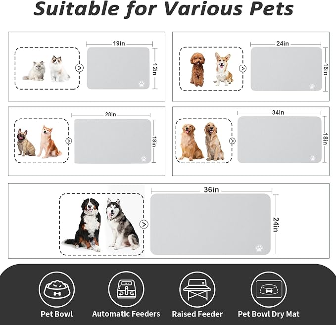 HotLive Dog Food Mat - Absorbent Cat Mat for Food and Water, No Stains Pet Feeding Bowl Mat, Easy to Clean Pet Placemats, Quick Dry Dog Water Dispenser Mat for Messy Drinkers | Paw Light Grey 18"x34"