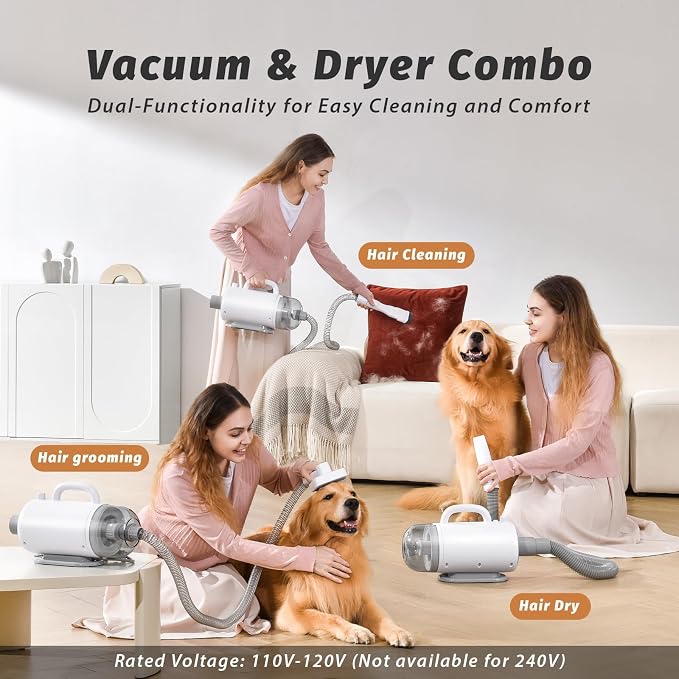 Dog Grooming Vacuum & Blow Dryer : 16000Pa Hair Suction, Dog Clipper, High Velocity Dog Blower with Heater, 8 Pet Grooming Vacuum kit, Gray