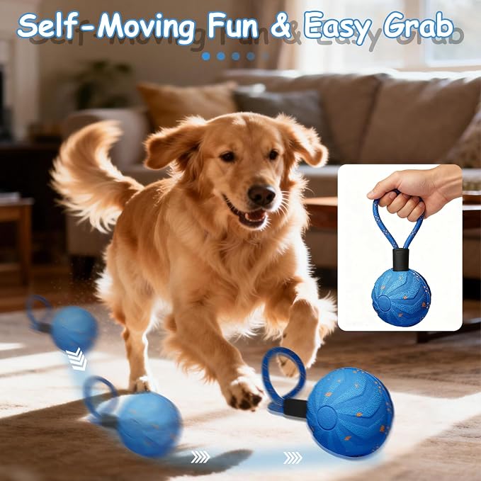 Interactive Dog Ball for Medium Large Dogs Automatic Motion-Activated Toy with Rope Handle 2 Play Modes Rotating Bouncing E-TPU Material IP54 Water-Resistant