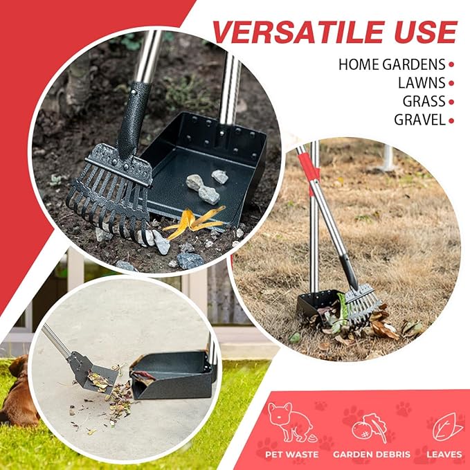 FUSBUNTY Pooper Scooper, Long Handle Dog Pooper Scooper, Heavy Duty Stainless Steel Rake with Tray & Spade Set for Pet Waste Removal, for Grass, Dirt or Gravel