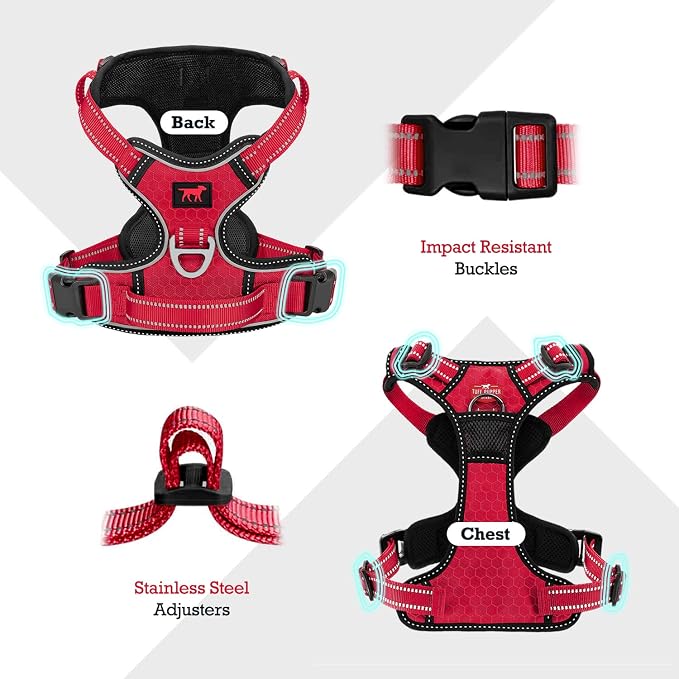 Tuff Pupper No Pull Easy Walk Dog Harness | Heavy Duty Pet Vest | Front & Back Leash Clips | Strong Safety Handle | Reflective Anti Pull Vest | Comfortable Padded Escape Proof Harness (Small, Red)