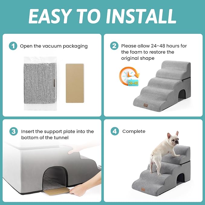 COZY KISS Small Dog Stairs with Tunnel, 5 Step Pet Ramp for High Bed | Curved Stable Dog Step for Puppy, Older Cat, Senior, Medium, Short-Legged Dog, Non-Slip Ladder for Car, 22.4" H, Grey