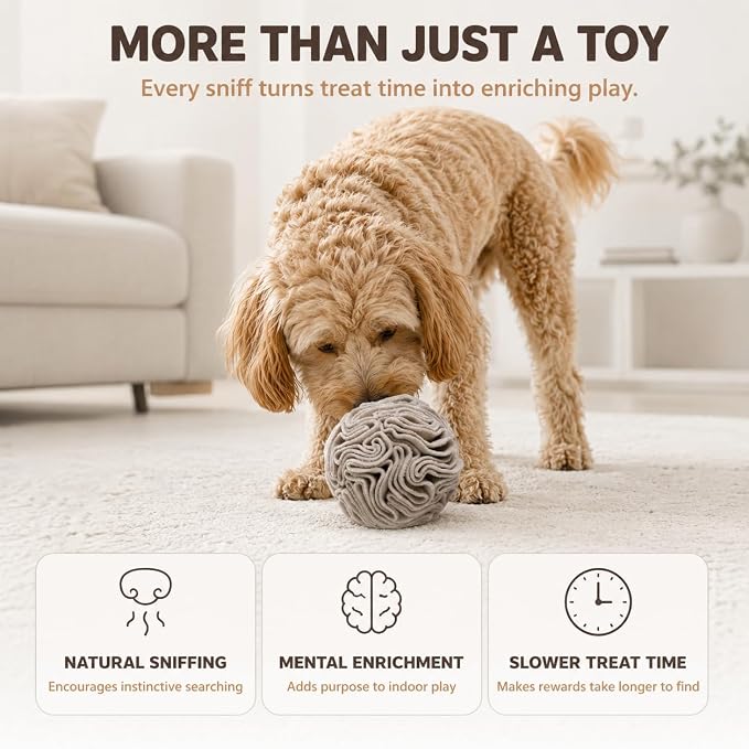 Light Brown Snuffle Ball for Dogs, Slow Feeder Mental Enrichment Toy for Small, Medium Dogs, Discreet Color Interactive Puzzle Game for Anxiety Relief & Indoor Fun, Machine Washable