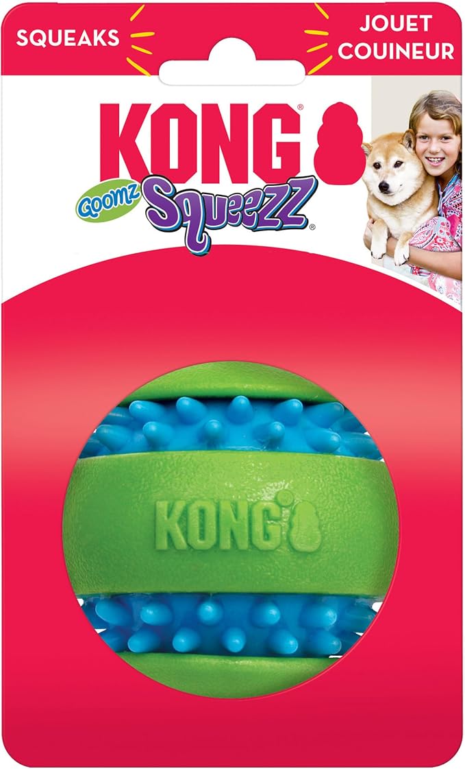 KONG Goomz Dog Toy – Durable Squeaky Chew Ball for Dental Health, Teeth & Gums Massage, Indoor/Outdoor Fetch Play (Football/Ball Combo)
