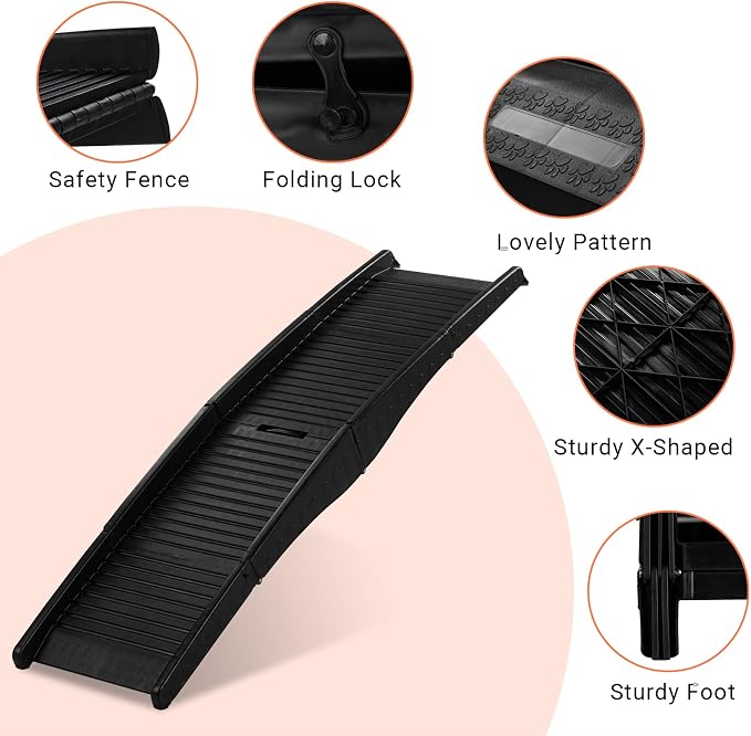 60" Portable Pet Ramp, Folding Non-Slip Dog Ramp, Plastic Dog Car Ramp for Car, SUV, Truck, Bed, Weight Bearing up to 150 Lbs