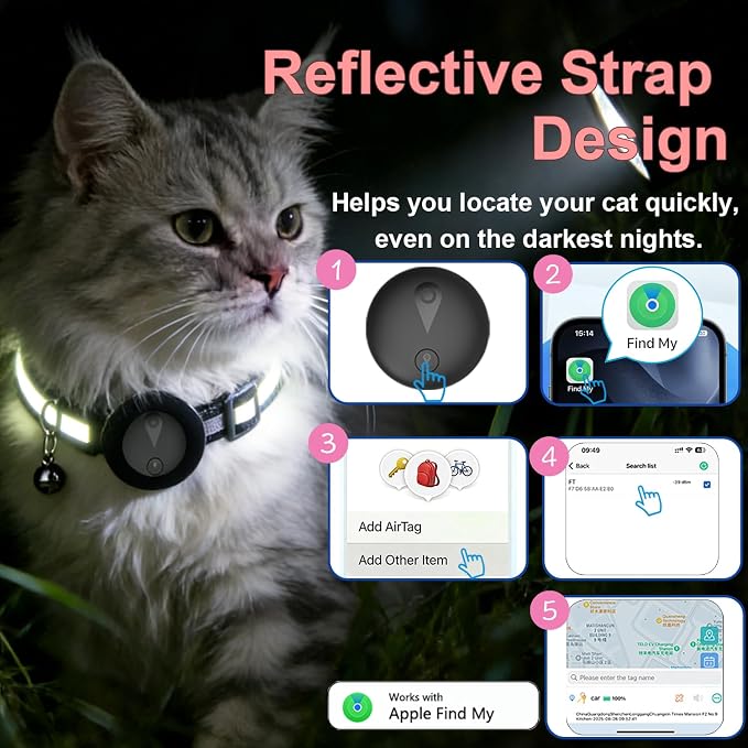 Pet GPS Tracker Collar for Cats,Mini GPS Dog Tracker,No Monthly Fee Location,Smart Pet Activity Tracker,Works with Apple iOS Find My,IP67 Waterproof Finder Tag Global Tracking-Black