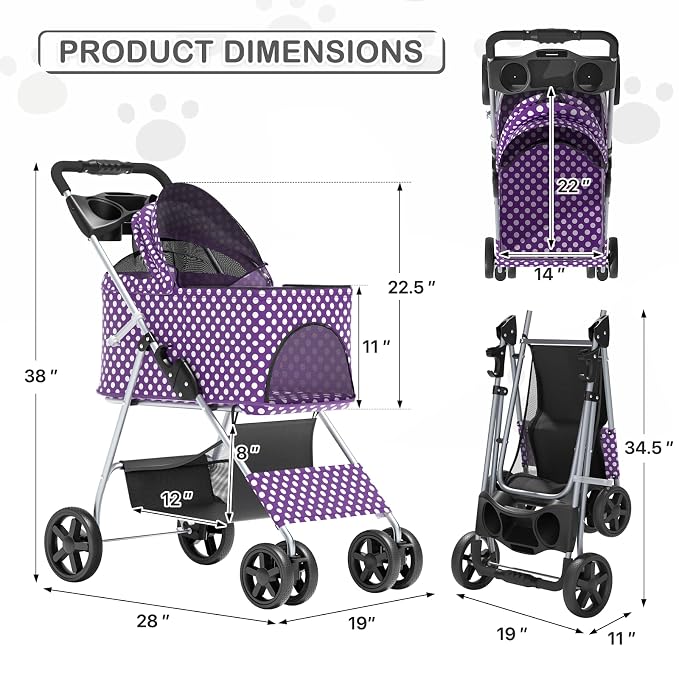 MoNiBloom 3-in-1 Foldable Pet Stroller - Purple Polka Dots, up to 33lbs