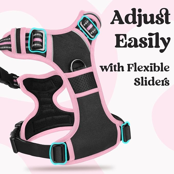rabbitgoo Dog Harness Medium Sized, Updated Easy On & Off with 3 Buckles | No Pull No Choke, Walking with 2 Clips and Handle, Adjustable Soft Reflective, Black & Pink, Medium