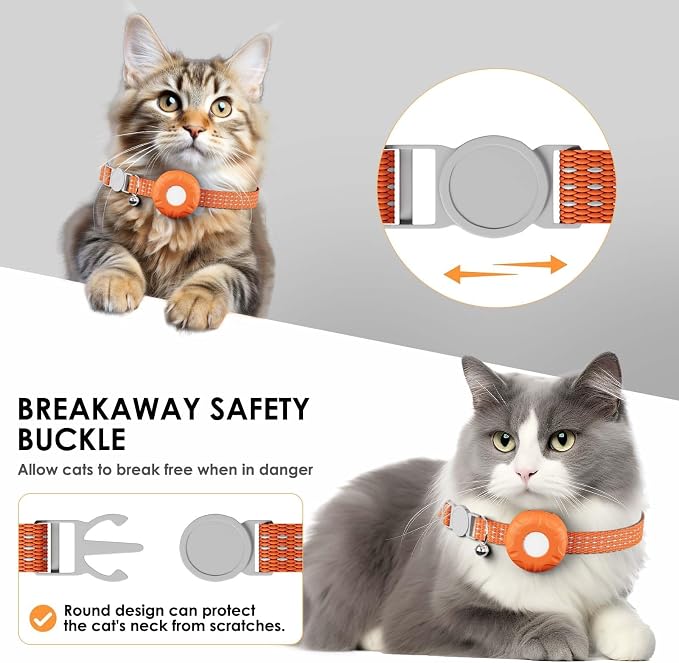 GPS Tracker for Cats, Cat Tracker Collar with Safety Elastic Buckle, Compatible with Apple Find My App (Only iOS), No Monthly Fee, Waterproof (White Tracker, Orange Cat Collar)