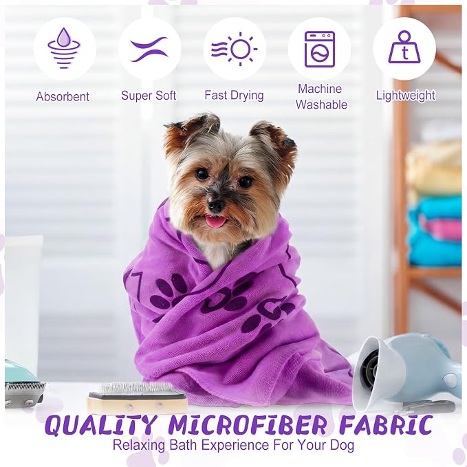 Fanfanwin 4 Pcs Dog Bath Towels Microfiber Drying Dog Towel Absorbent Pet Heart Paw Towels for Medium Dogs Puppy Cats Pets Shower (Purple,Pink)