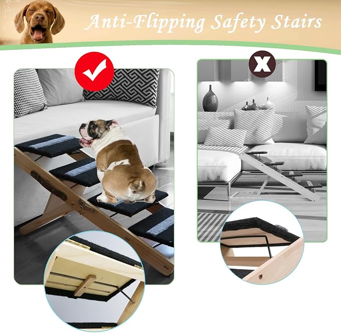 2-in-1 Indoor Pet Ramp, Wooden Folding 4-Tier Pet Stairs with Non-Slip Carpeted Steps, Ramp Perfect for Bed and Couch, 12.5" to 22.5" Height Adjustable (31.5x15)