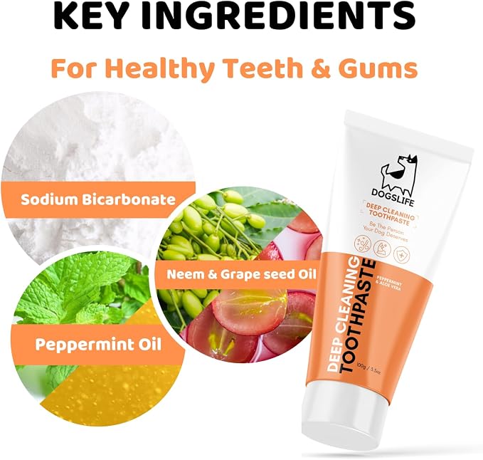 Dog Toothbrush with Toothpaste | Approved Dog Dental Kit | Triple Headed Deep Cleaning Toothbrush for Dogs + 100% Natural Tooth-Paste | Freshen Breathe & Remove Plaque (Dental Kit)