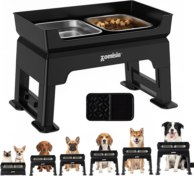 ZOMISIA 3-in-1 Elevated Dog Bowls - 6 Height Adjustable Raised Dog Bowl Stand, Double Deck Design Mess Proof, Feeding Station with 2 Stainless Steel Bowls & Licking Plate for Small Medium Large Pets