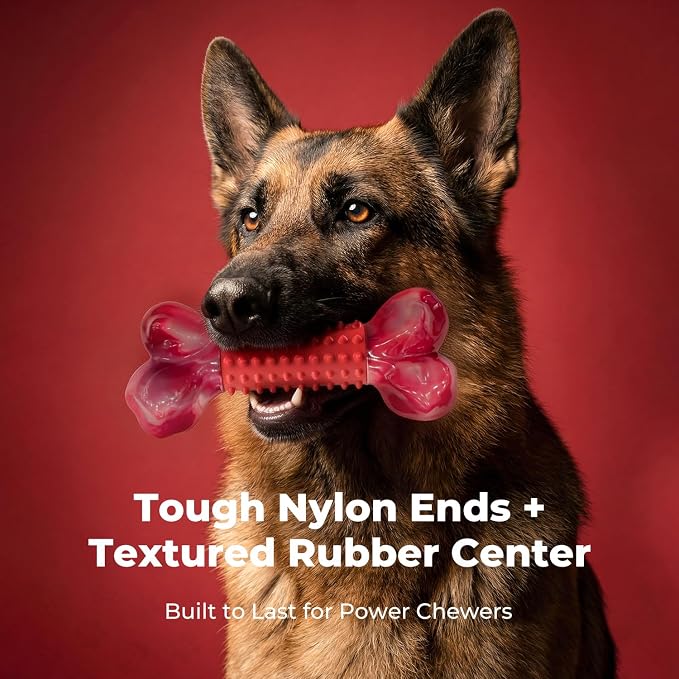 Tough Dog Toys for Aggressive Chewers: Beef Flavored Long Lasting Dog Bones for Large Dogs, Indestructible Dog Chew Toys to Keep Them Busy, Large Dog Toys for Medium & Large Breed, Red