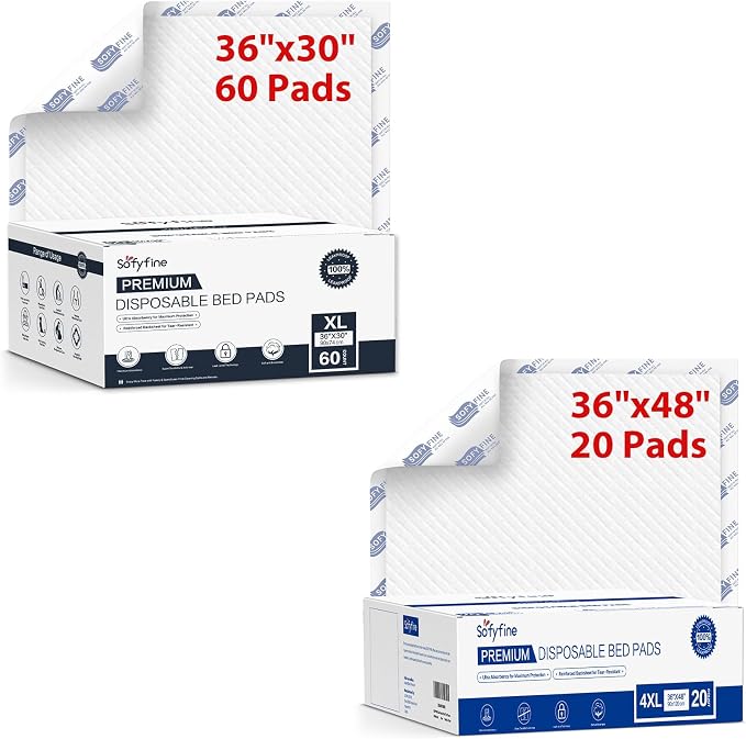 SOFYFINE Bundle Total 80 Pads,Tear Resistant Disposable Bed Pads 30"x 36"(60 Count),Extra Large Disposable Bed Pads 36"x 48"(20 Count),10X Super Absorbency Heavy Duty Puppy Training Pads