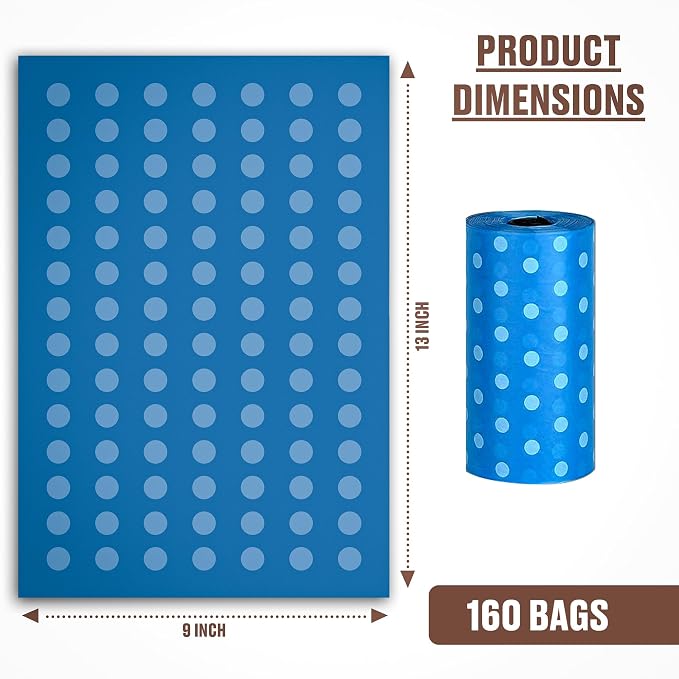 Parisian Pet Ecofriendly Dog Poop Bags Rolls - 160 Count Unscented Poop Bags For Dogs - Leakproof, Extra Thick, 8 Dog Waste Bags Refill Rolls - Polka Dot Blue Doggie Poop Bags - Fits All Dispenser