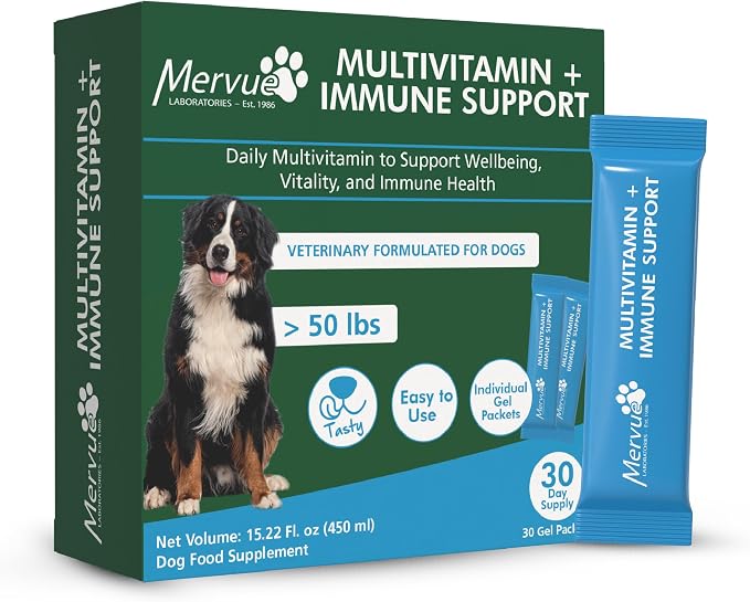 Mervue Multivitamin + Immune Support for Dogs (30 Day Supply) | Pre-Measured Large Dog Vitamins in Gel Packets – Multivitamin for Dogs w/Beta-Glucans & Vitamin C for Energy & Healthy Coat