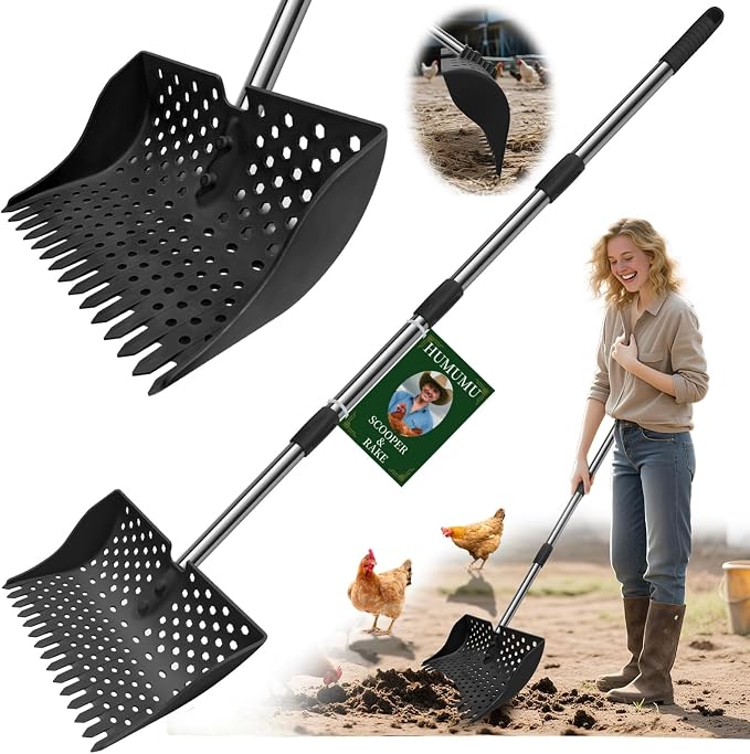 12" 2-in-1 Chicken Poop Scooper & Rake (US Patent No. D1124534), 3-Shape Sifting Holes Chicken Coop Rake, Stainless Steel Handle (20–61") - Litter Scoop Sand & Sifting Shovel (Black)
