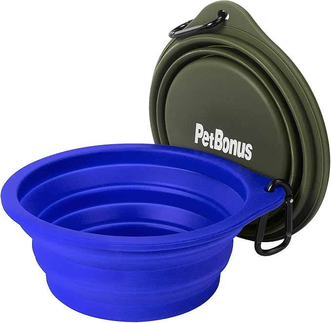 PetBonus Collapsible Dog Bowls, 2 Pack, Army Green, Blue
