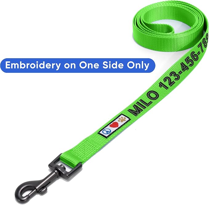 Pawtitas Personalized 6 ft Green Dog Leash M/L Custom Name and Phone Embroidery Strong Nylon Leash for Medium and Large Breeds