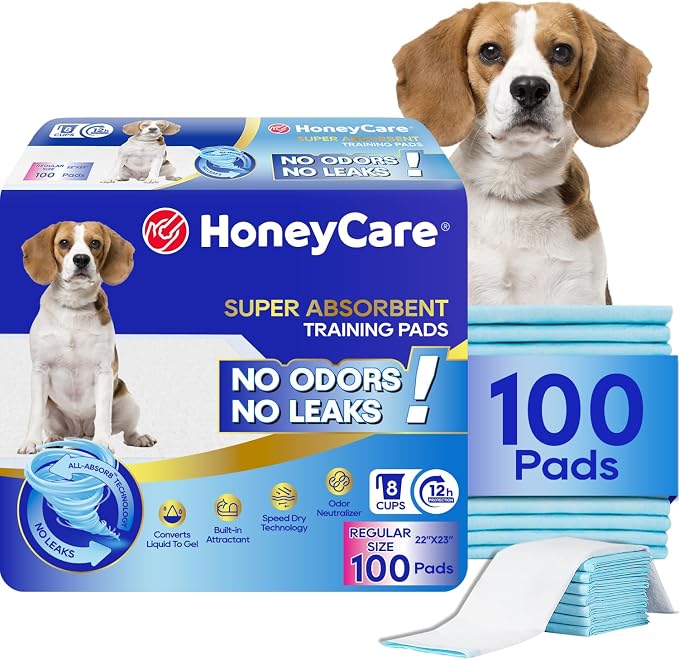 Honey Care All-Absorb Puppy Training Pads Made in The USA! Ultra Absorbent and Odor Eliminating, Leak-Proof 5-Layer Potty Training Pads 22"x23" with Quick-Dry Surface