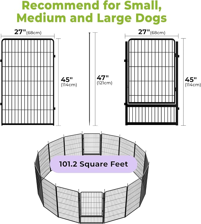 SunsGrove Dog Playpen Outdoor, 45 inch 16 Panels with Wider Door for Large Dogs, Free and Safe Play Dog Fence Indoor, Black