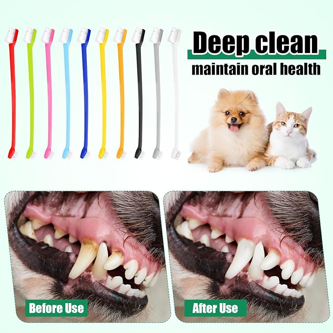 XIHIRCD 100pcs Dog Toothbrush Bulk, Dual Headed Soft Bristles Toothbrush Anti-Slip Cat Teeth Brush Easy Teeth Cleaning Dental Care Pet Toothbrush for Small and Large Dogs Cats Most Pets (10 Colors)