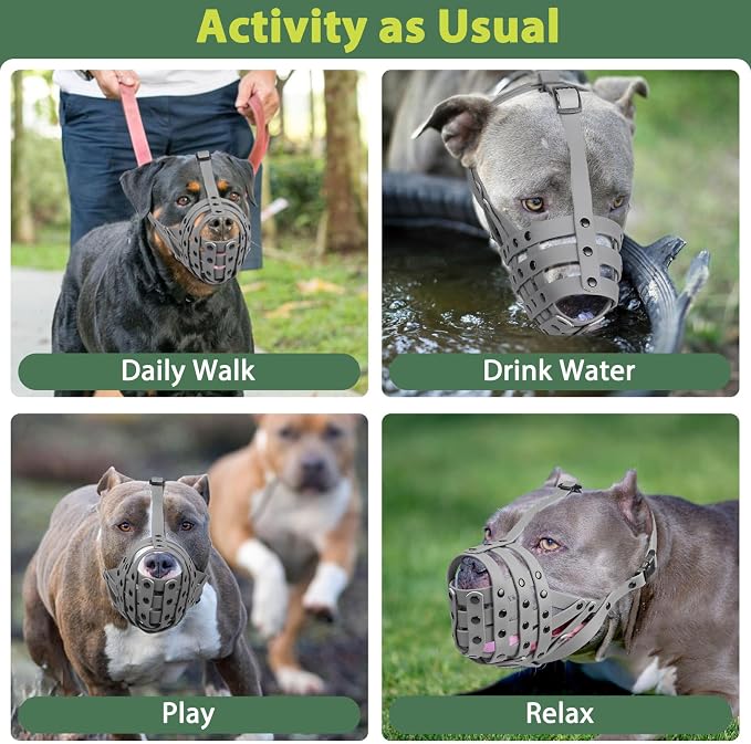 Pitbull Dog Muzzle for Large Medium Dogs Prevent Biting Scavenging | Fits Rottweiler Amstaff Broad-nosed Breed, Sturdy Breathable Basket, Training Walking Use, Allows to Drink | Grey, L