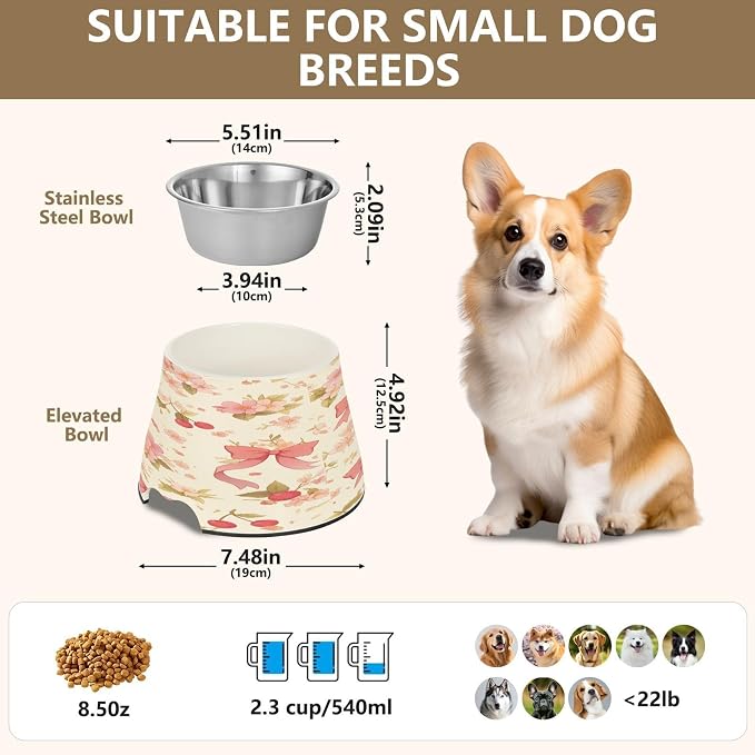 Blueangle Elevated Dog Bowls with Stainless Steel - Non-Slip 2.3 Cup High Capacity Pet Dish for Spinal Health & Cherry with Bow Design（12）