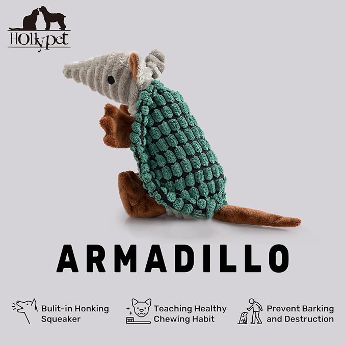 Hollypet Armadillo Squeaky Puppy Dog Toys for Small Medium Dogs, 8" | plush stuffed small dog squeak animal toy with unique grunt squeaker textured fabric for teeth cleaning toys