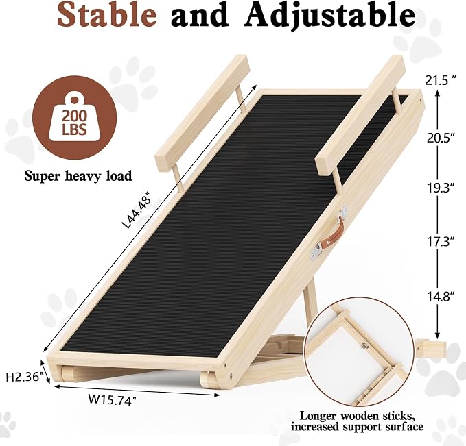 Dog Ramp for Bed, Couch, Car, Folding Pet Ramps 44.48" Long Adjustable 15"-22" Wooden Stairs with Anti-Slip Rubber Mat & Safety Side Rails for Small & Medium Old Dogs & Cats, up to 200 lbs