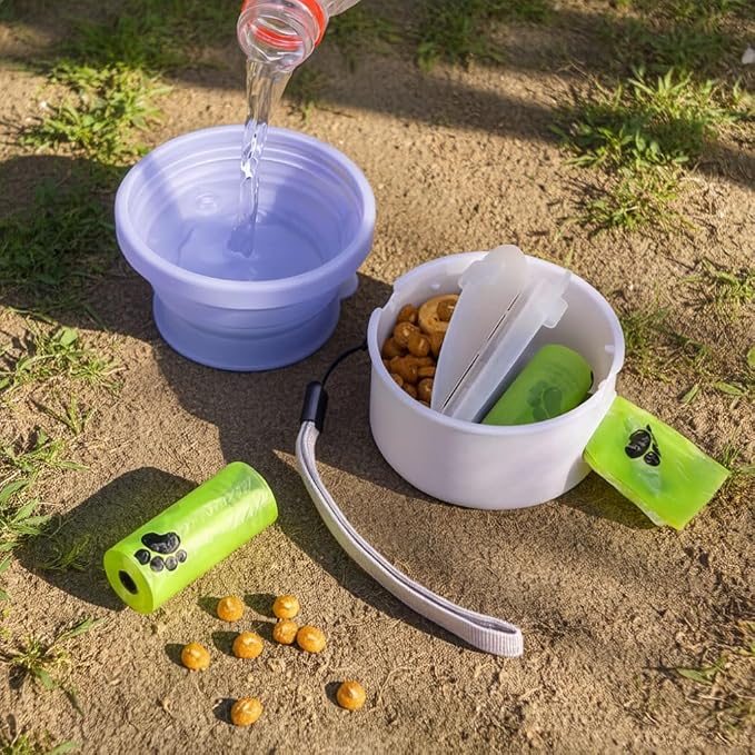 LINMENGSHU 3-in-1 Portable Dog Travel Bowl, Purple