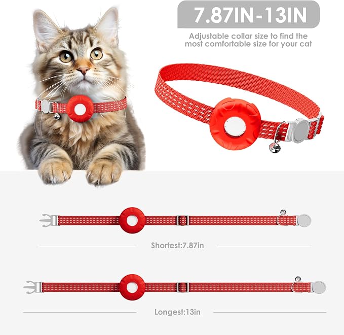 Cat GPS Tracker, Cat Tracker Compatible with Apple Find My App (Only iOS), No Monthly Fee, Waterproof, Breakaway Collar Included, Up to 1 Year Battery, Red
