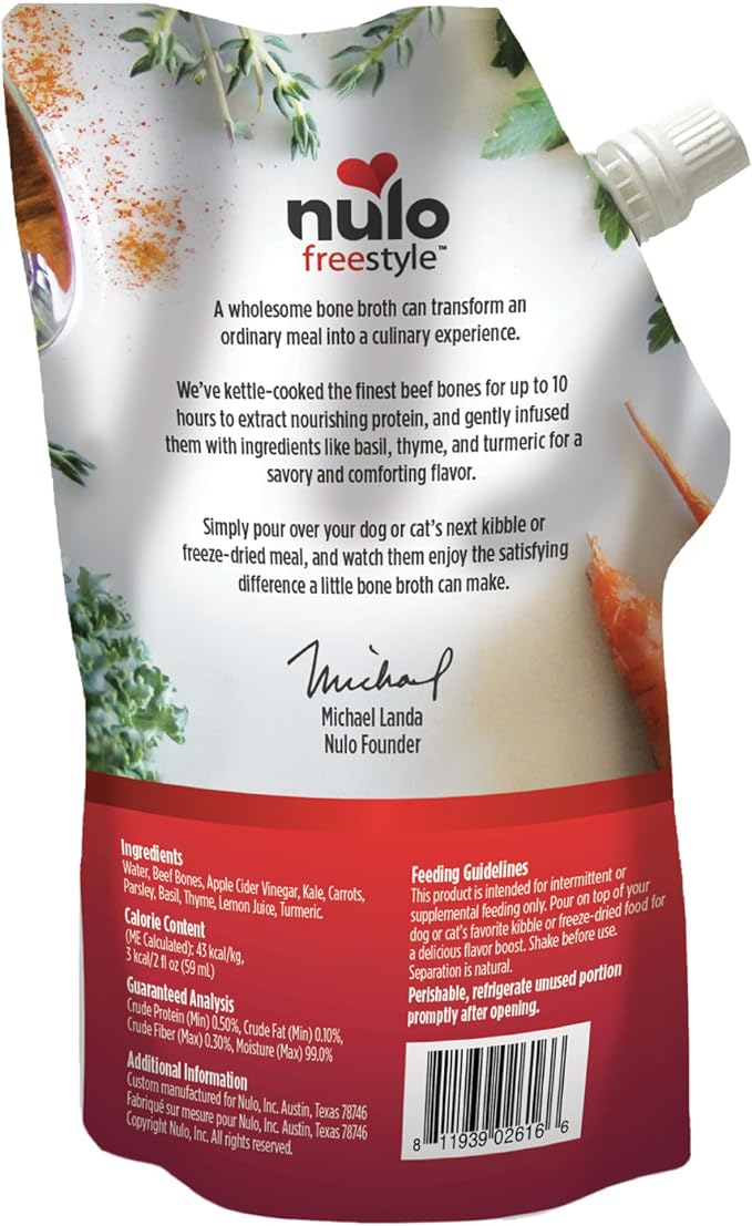 Nulo Freestyle Bone Broth, Premium Food Topper for Cats and Dogs, with Collagen and Chondroitin Sulfate to Help Boost The Quality of Your Pet’s Coat and Skin, 20 FL Oz Pouch