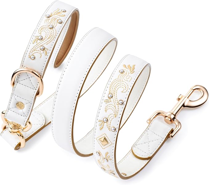 Blueberry Pet Elegant Western Luxury White Leather Dog Leash with Gold Baroque Design