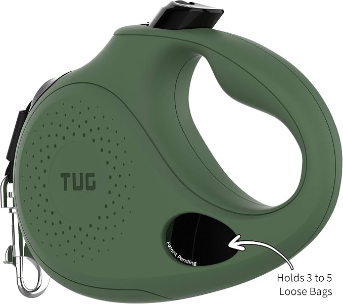 TUG Oval 360° Tangle-Free Retractable Dog Leash | Flashlight Included | Integrated Waste Bag Dispenser Pocket (Large, Green)