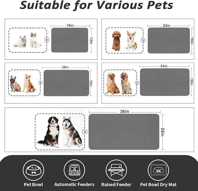 HotLive Dog Food Mat - Absorbent Cat Mat for Food and Water, No Stains Pet Feeding Bowl Mat, Easy to Clean Pet Placemats, Quick Dry Dog Water Dispenser Mat for Messy Drinkers | Dark Grey 18"x 28"
