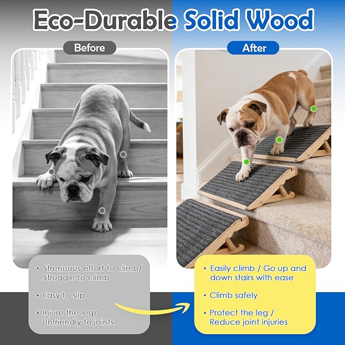 Adjustable Dog Ramp for Stairs, Foldable Wooden Dog Steps Anti-Slip | 2 Pack, Switch 4.3" or 5.5" Height, No Assembly, Gentle on Joints, for Senior & Injured Dogs, Natural Wood, 170 lbs