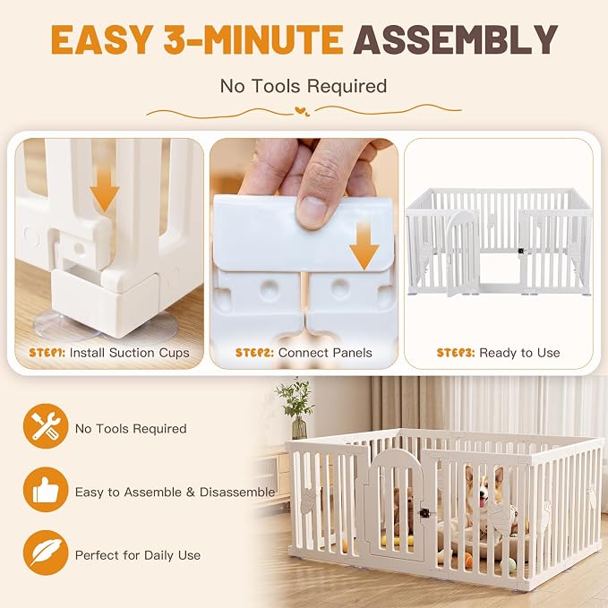 Dog Play Pen Indoors, 8-Panel Puppy Playpen with Door, 25.6" Tall Plastic Dog Fence for Dogs, Easy Assembly Pet Playpen for Puppies, Cats, Rabbits, Indoor Dog Pen,Corral para Perros