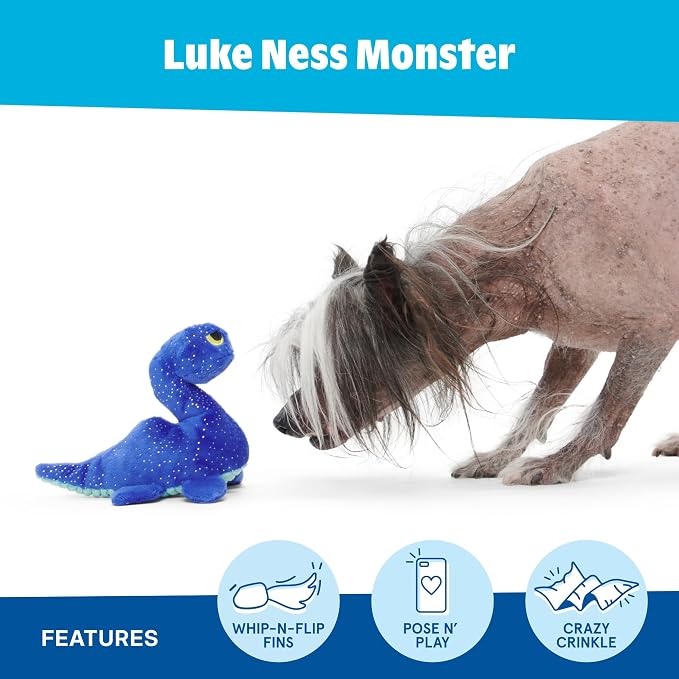 BarkBox Luke Ness Monster Dog Toy - Toy for Small Dogs | Cryptid Plush Toy with Whip-N-Flip Fins, Squeaker and Crinkle