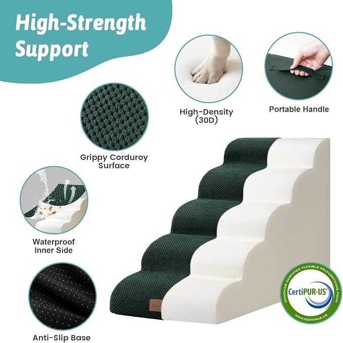 COZY KISS Wide Dog Stairs for Small Dog 22.6" H, Curved Pet Step for Puppy, Older Cat, Curved Ramp for High Bed or Car, Ladder with High Density Foam, Durable, 5 Step, 17.7x33x22.6 inch, Dark Green