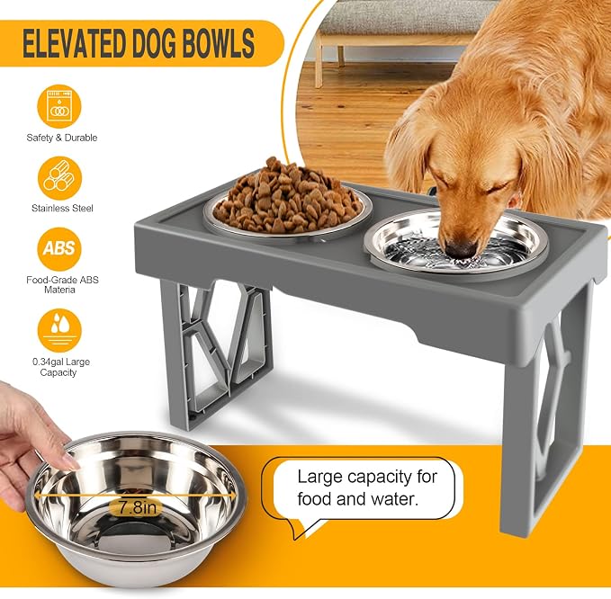 Elevated Dog Bowls for Large Dogs, Medium and Small - Raised Dog Bowl Stand Feeder Dog Dish Food Bowls - Double Stainless Steel Food and Water Bowls, 3 Heights, 2.8”, 7.7”, & 11.8” (Grey)