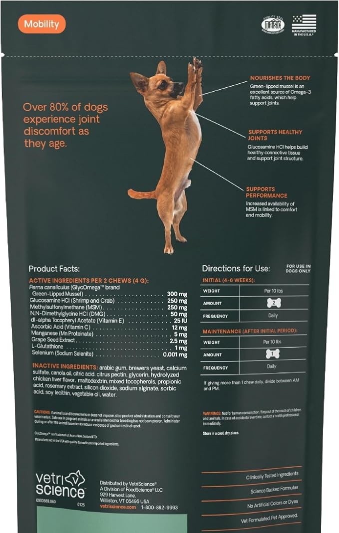 VetriScience Extra Strength Healthy Hip & Joint Chews, GlycoFlex Glucosamine and Green-Lipped Mussel Joint Support Supplement for Small Breed Dogs, Soothe Joint Discomfort, Chicken, 60 Count